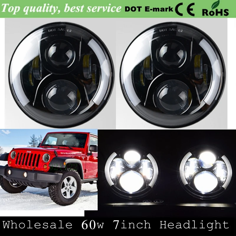 7 дюймовая светодиодная фара 60 Вт H/L DRL с черным глазом ангела для Jeep Wrangler Offroad JK TJ CJ