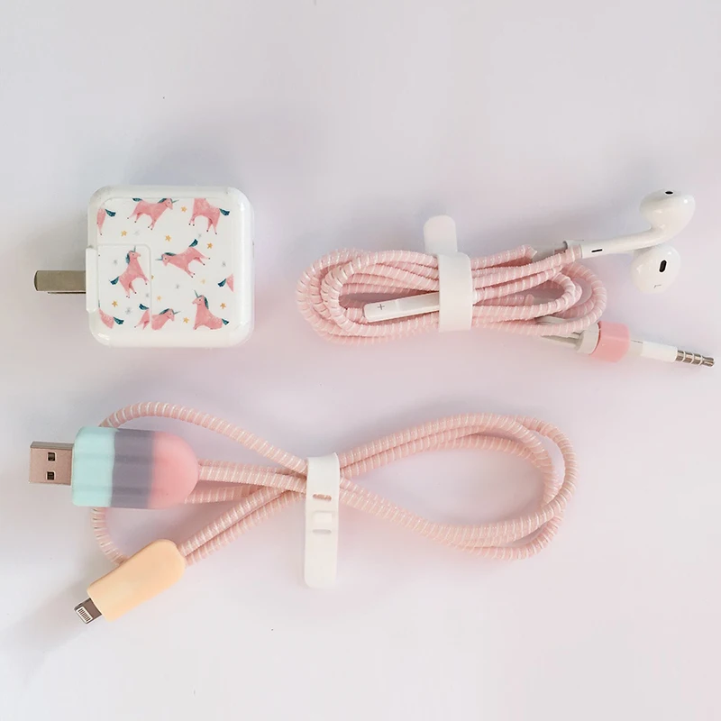 Намоточный кабель мультфильм USB протектор для кабеля передачи данных набор с наклейки для зарядного устройства спиральный usb-шнур с зарядным устройством для Iphone для ipad