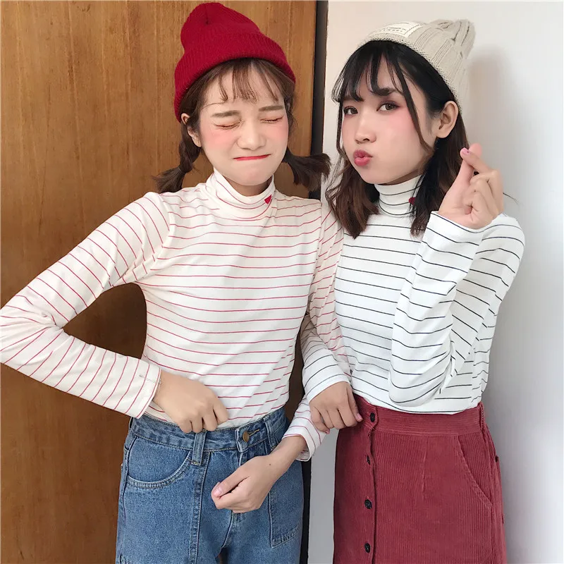 Женская футболка с вышивкой Harajuku Kawaii топ в полоску Футболка эластичная длинным