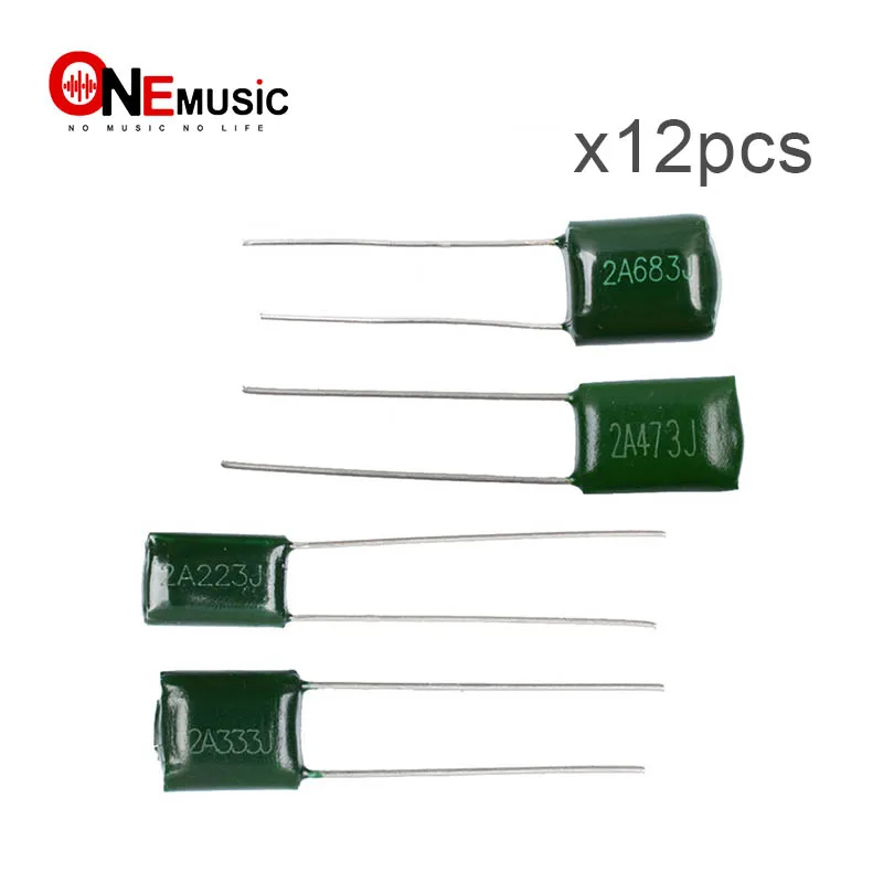 

12Pcs Electric Bass Guitar Polyester capacitors 2A223J 0.023UF/2A333J 0.033UF/2A473J 0.047UF/ 2A683J 0.068UF/Rated Voltage 100V
