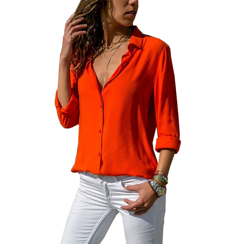 

Women Autumn Elegant Long Sleeve Solid V-Neck Femininas Chiffon Blouse Work Shirt Streetwear Tops FC345