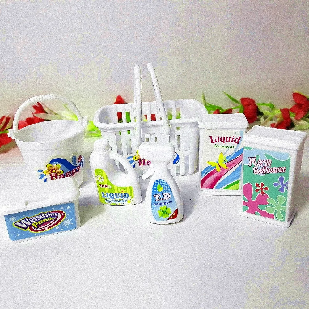 

Free Shipping Kid's play house toys swag box, buckets, detergents, Household Washing Kit for Barbie Doll/Kelly doll