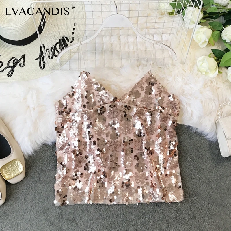 Sequin Camisole, майка с v-образным вырезом, сексуальная майка без рукавов, Корейская Клубная майка, ночная короткая летняя вечерняя пляжная женская укороченная майка