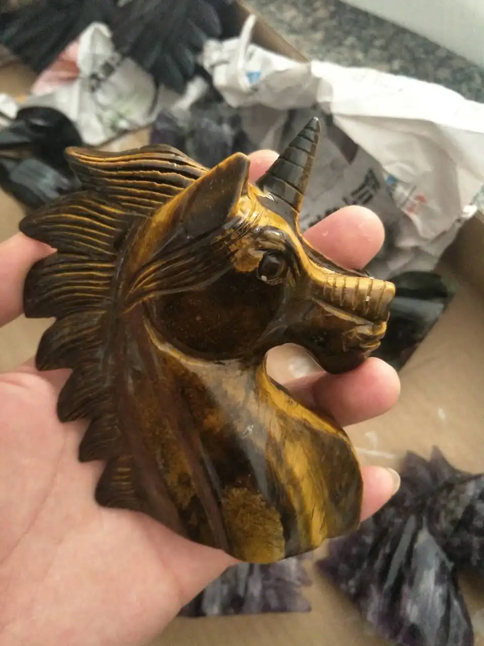 High Quality Beautiful Natural Tiger Eye Quartz Crystal Carved Horse Head Unicorn Healing | Дом и сад