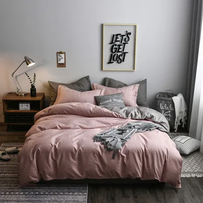 Plaid Pink-Gray Новинка, роскошный розовый комплект постельного белья в клетку, хлопок, однотонный цвет, современная кровать, одеяло, королева, Королевский размер, 4 шт., пододеяльник, простыня, набор - Цвет: Plaid Pink-Gray
