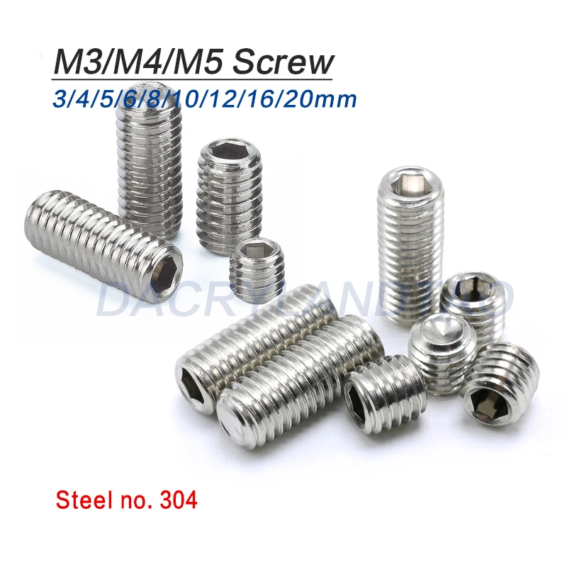10pcs Stainless Steel 304 M3/M4/M5*3/4/5/6/8/10/12/16/20mm Hex Socket Head Set Screw Grub Screw