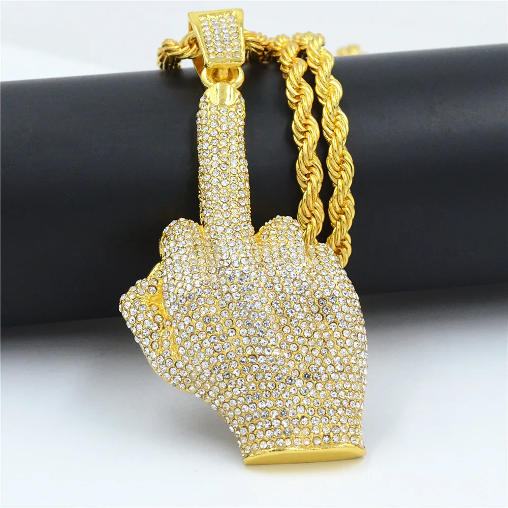 Hip Hop Men Gold Silver Color Full Rhinestone Big Middle Finger Pendants Necklaces With chain Jewelry | Украшения и аксессуары