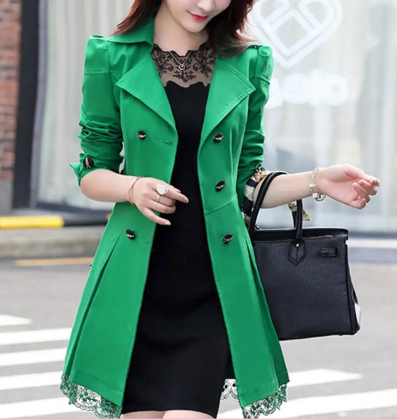 Women's trench COATS slim FEMALE coats fashion windbreaker belt lapel versatile female outwear Double-breasted Lace women | Женская