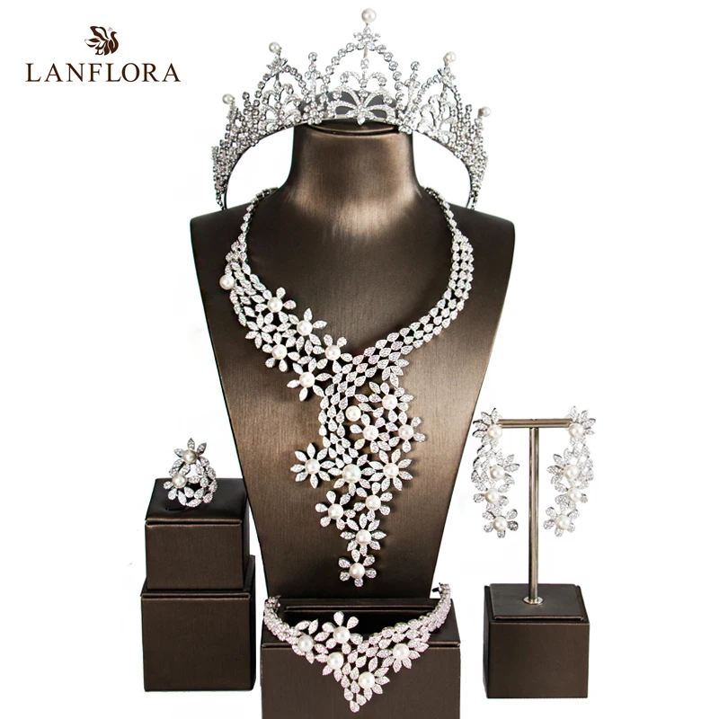 LANFLORA boutique fashion pearl and CZ jewelry set crown wedding luxury cubic zirconia for bridal sets free shipping | Украшения и