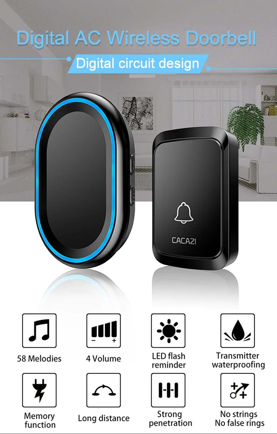 CACAZI дома беспроводной Intelligent дверные светодиодный звонки LED ночь легкий колокольчик водостойкий 58 куранты 300 м удаленного 3 кнопки 1 приемник США ЕС Plug