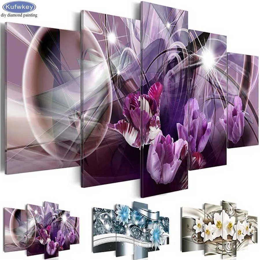 

5 Panels 5D DIY Full Square Diamond Painting "Abstract Flowers" Multi-picture Combination 3D Embroidery Mosaic kit Home Decor
