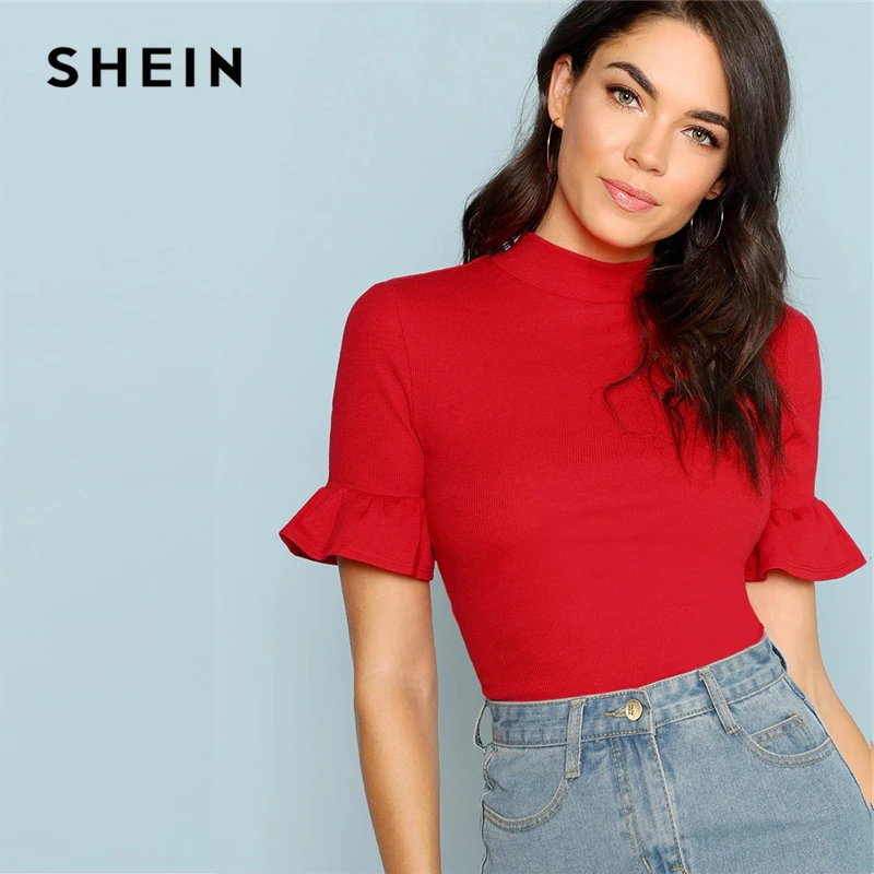 SHEIN женская футболка с воротником стойкой летняя элегантная рюшами и 2019|Футболки|