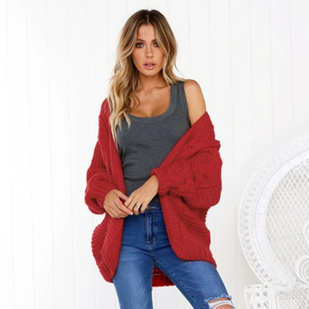2018 Autumn Women Woolen Yarn Sweater Long Sleeve Solid Casual Pocket Knitted Plus Size Outerwear Open Stitch |