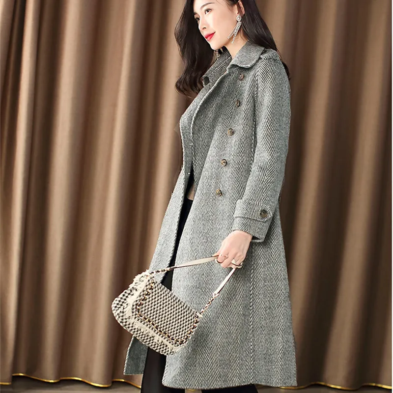 Женское длинное шерстяное пальто винтажное Элегантное повседневное большого