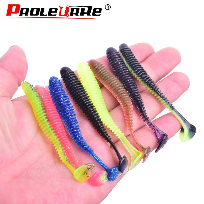 

10pcs/lot soft bait T tail silicone lures 7.5cm 2g spiral worm fishing lures attractive wobbler jig swivel bass fishing tackle