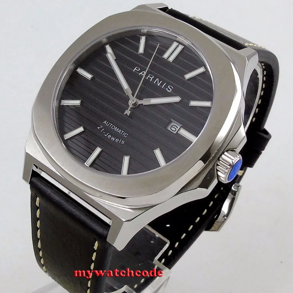 44MM Parnis Black Dial Date Window luminous Miyota 821A Automatic Movement Mens Watch Leather Band | Наручные часы