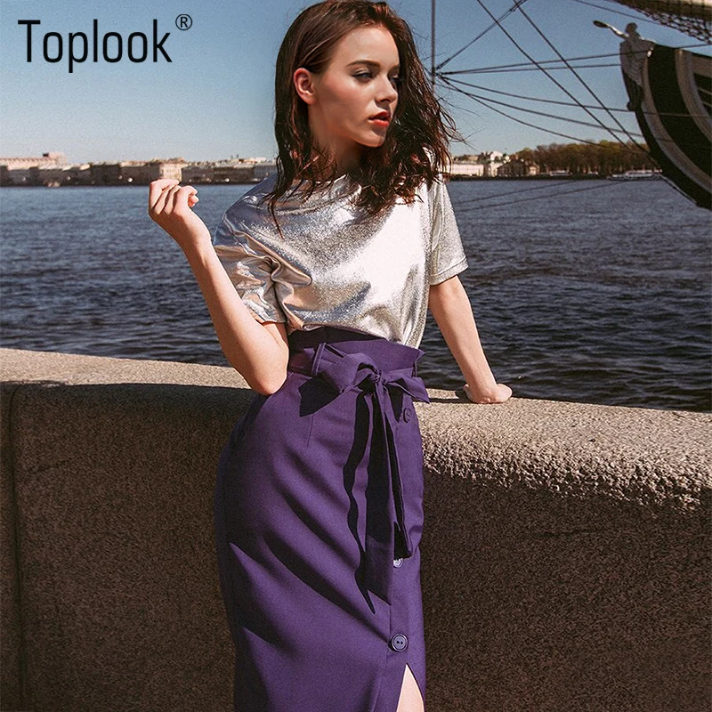 Toplook серебро поясом футболка Для женщин 2018 Лето o-образным вырезом Рубашка с