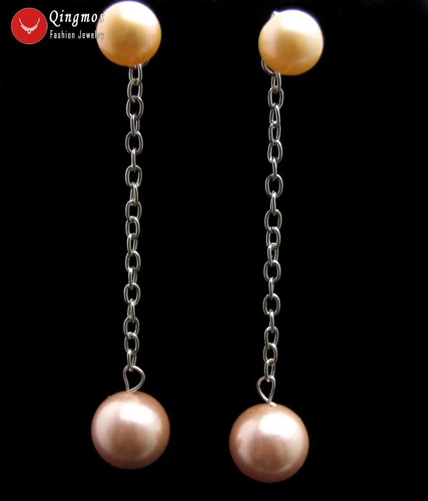 Qingmos Natural Pearl Earring for Women with Pink 7-8mm Flat Round &amp Dangle 12mm Sea Shell Earrings Jewelry Ear563 | Украшения и