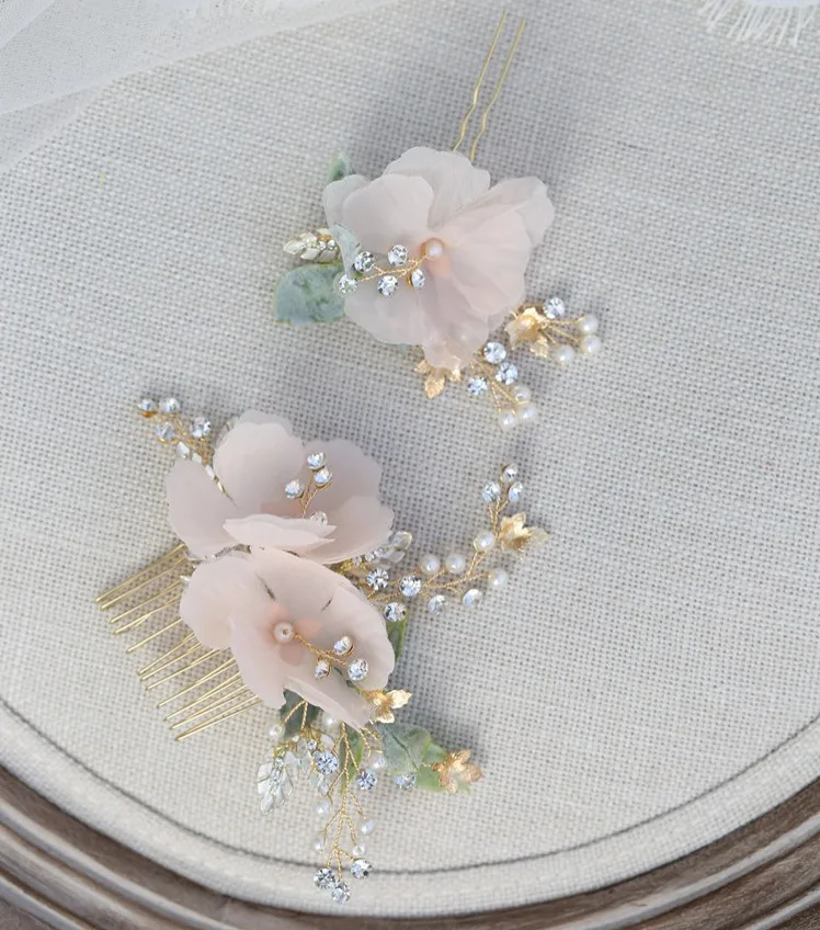  Delicate Pink Flower Bridal Hair Comb Pins Handmade Wedding Headpiece Ornament Women Prom Headwear | Украшения и аксессуары