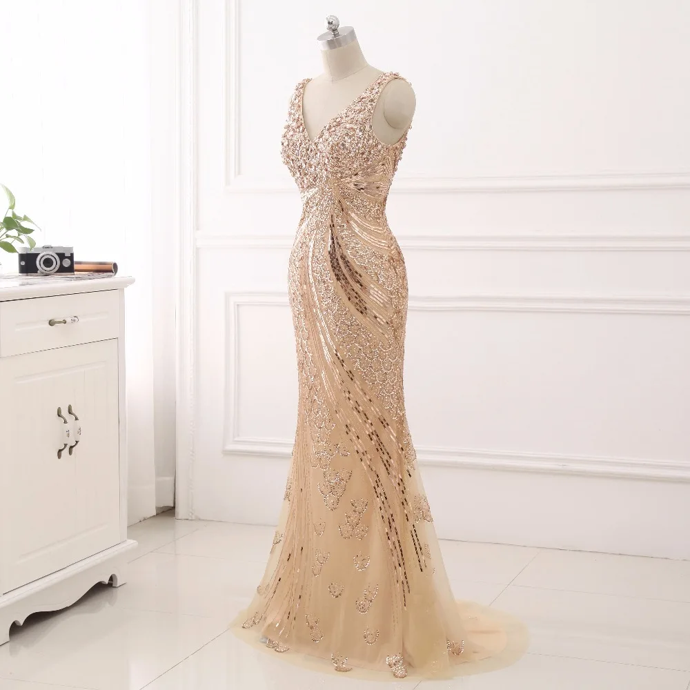 Cloverbridal Высокое качество Шампанское Luxo Sereia глубоким v-образным вырезом frisada Vestido де Деста formatura Para Casamento Vestido