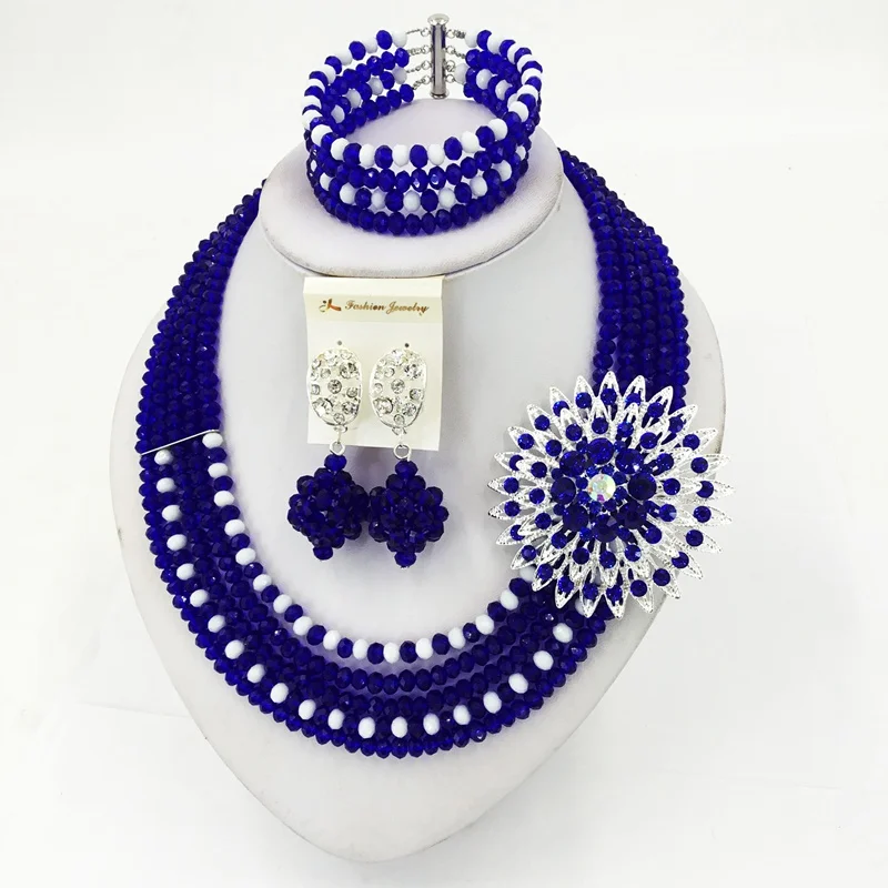 Оптовая цена Шёлково-синие непрозрачные белые классические африканские стильные хрустальные бусы юбилейные ювелирные наборы для женщин 5C-ST-32.