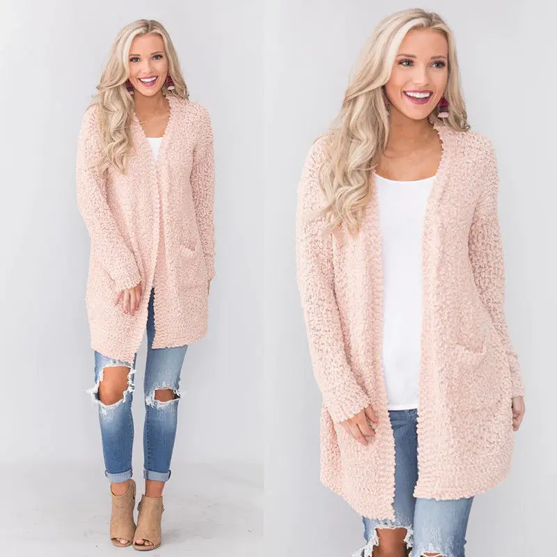 2019 Fashion Womens Popcorn Open Cardigan Long Sleeves Solid Color Knit Sweater with Pockets Tops Front Tunic Length Thin |