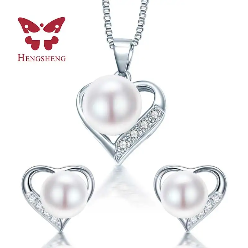 

HENGSHENG 2019 Love Heart romantic fashion necklaces earring jewelry sets for women, AAAA 8-9mm freshwater pearl wedding set