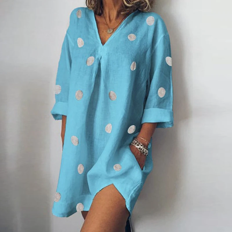 Women Irregular Linen Cotton Summer Dress 2020 Half Sleeve Mini Casual Dot Print V Neck Shirt 5XL | Женская одежда