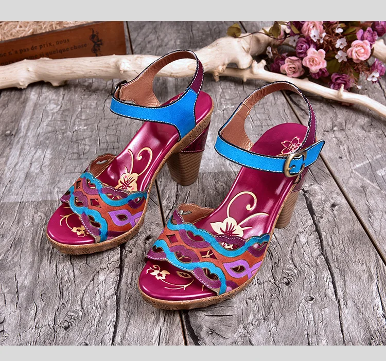 Plus Size Women Sandals 8 CM Super High Heels Chunky Summer Shoes Embroidery Ladies Retro Sandals Genuine Leather Retro Shoes