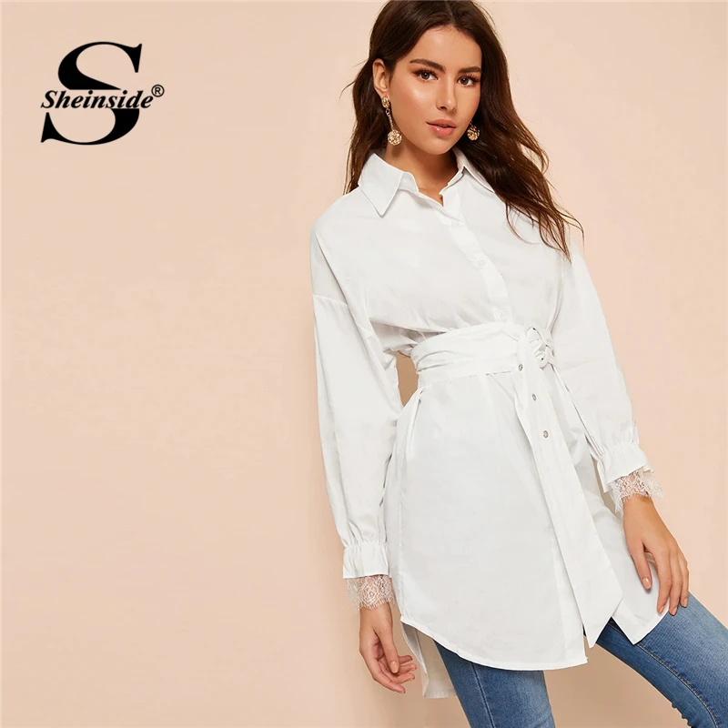Sheinside белая элегантная Длинная блузка с поясом для женщин контрастный кружевной рукав-Волан блузки Женский однотонный минималистичный Топ
