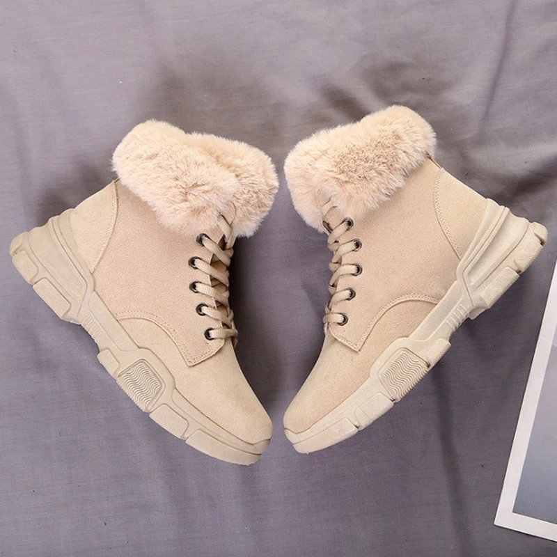 Women Boots Fashion Winter Breathable Flock Leather Flats Platform Martin Warm Fur Ankle | Обувь