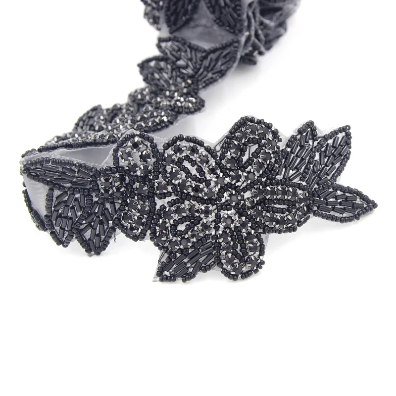 1 Yard Black Handmade Rhinestone Applique 7pcs of 13.5*6cm Flowers for Hot-fix Garment Decorries High Quality | Дом и сад
