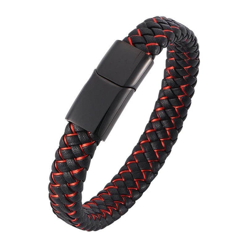 

Trendy Men Bracelet Jewelry Black Red Mixed Woven Leather Bracelet Stainless Steel Magnetic Clasp Male Party Bangles Gift SP0013