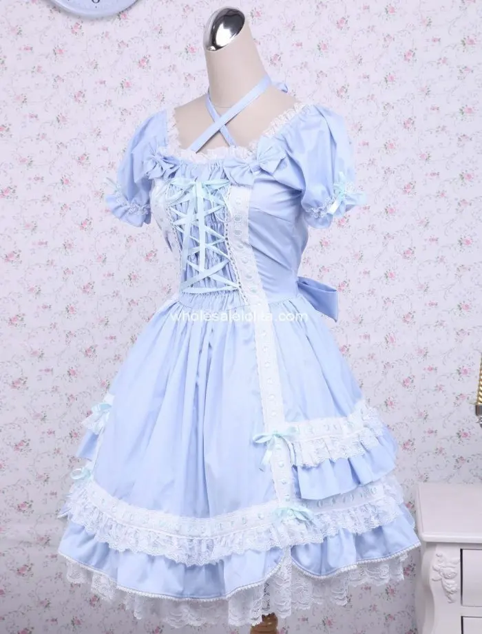 

Cotton Blue Short Sleeves Bow Lace Cotton Lolita Dress