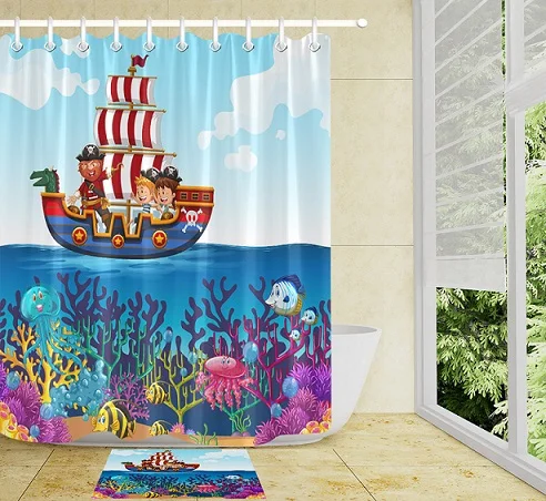Curtain and Mat LB Детский милый пиратский корабль Медузы Осьминог коралловый душ занавеска лайнер и коврик набор ванная комната водонепроницаемый ткань для ванной Декор - Цвет: Curtain and Mat