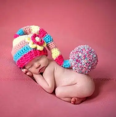 Младенческой Радуга Длинный хвост Hat для новорожденных в полоску ручной работы