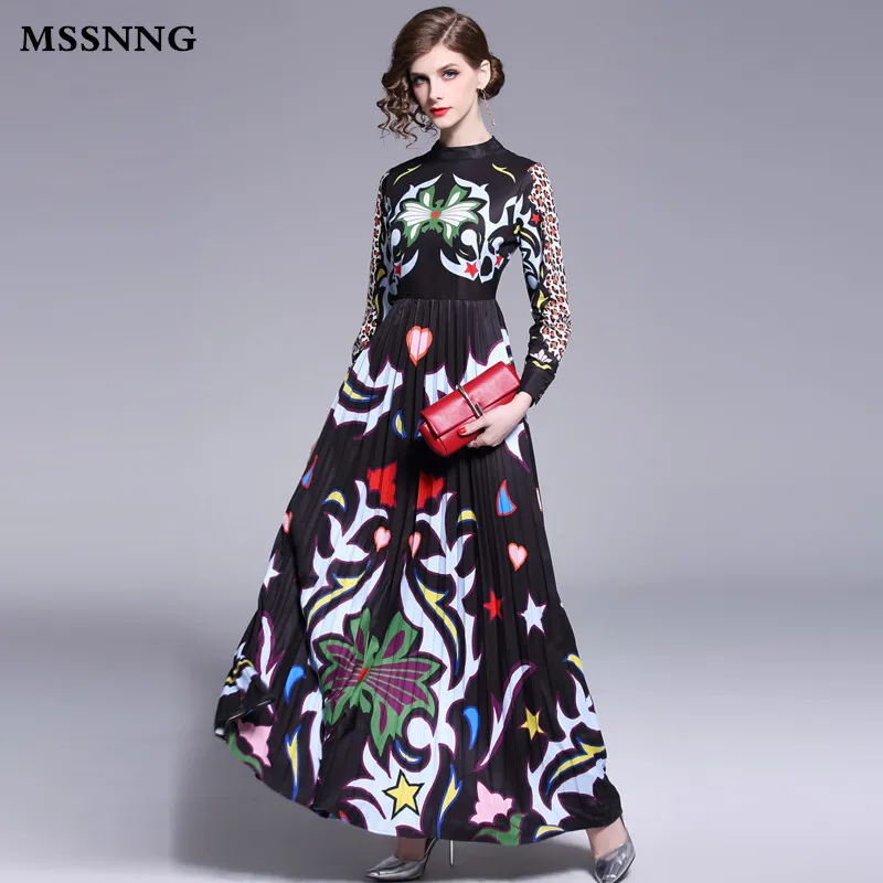 MSSNNG 2019 Spring Print Stand Collar Floor Length Long Dress Women Full Sleeve Leopard Dresses High Waist Pleated Vestidos | Женская