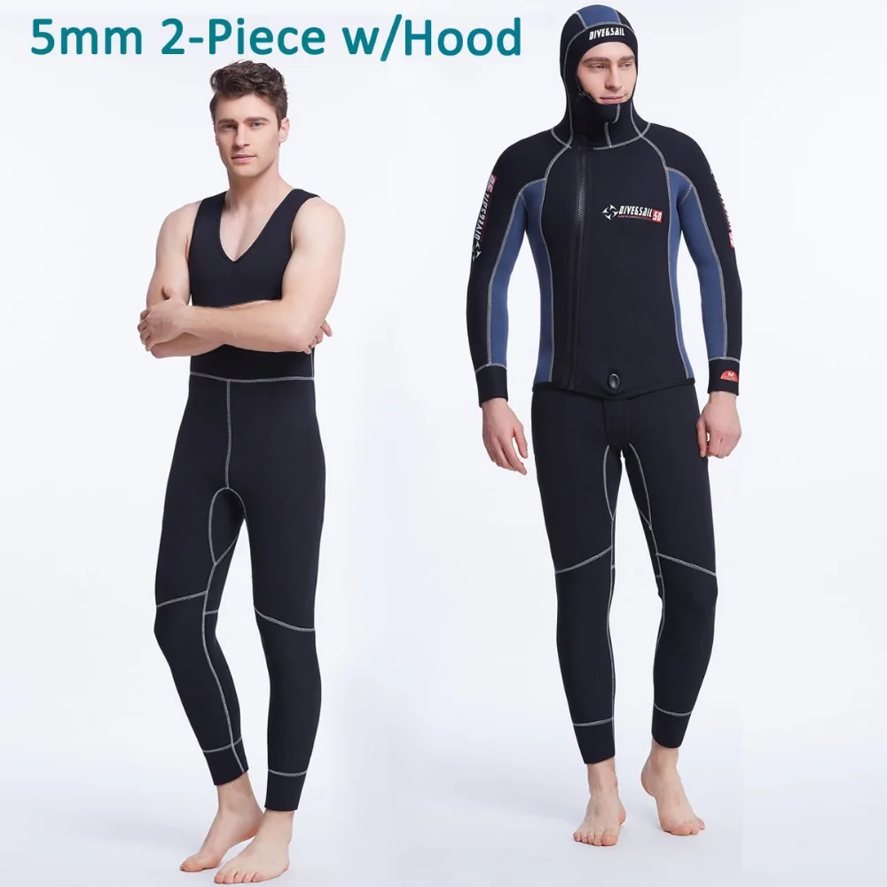 

2-Piece Set Men's Wetsuit Jacket w 5mm Neoprene / Black Blue Patchwork Front Zip Spearfishing Diving Suit Hood and Jone Suit