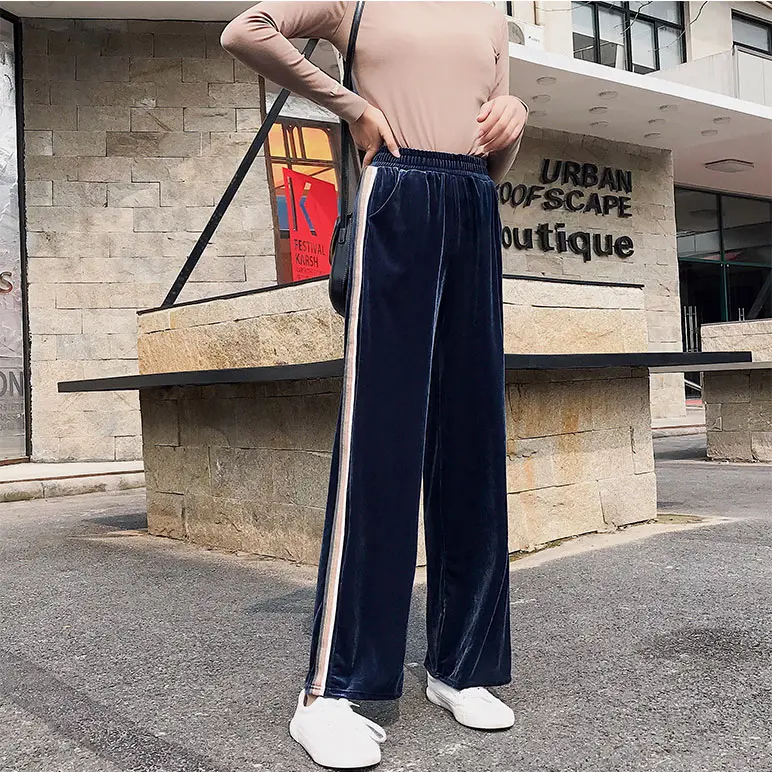 Navy blue Jielur корейский стиль брюки женские цветные полосы тонкие широкие брюки женские модные свободные летние золотые бархатные уличная одежда - Цвет: Navy blue