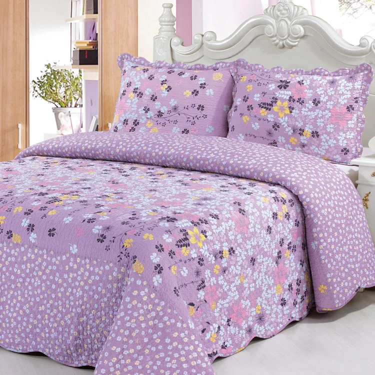 3Pcs 100%Cotton Soft Pink Violet Flowers Bedspread Queen Size, All Season Bedspread with Colorful Plaid Pillow shams Queen size
