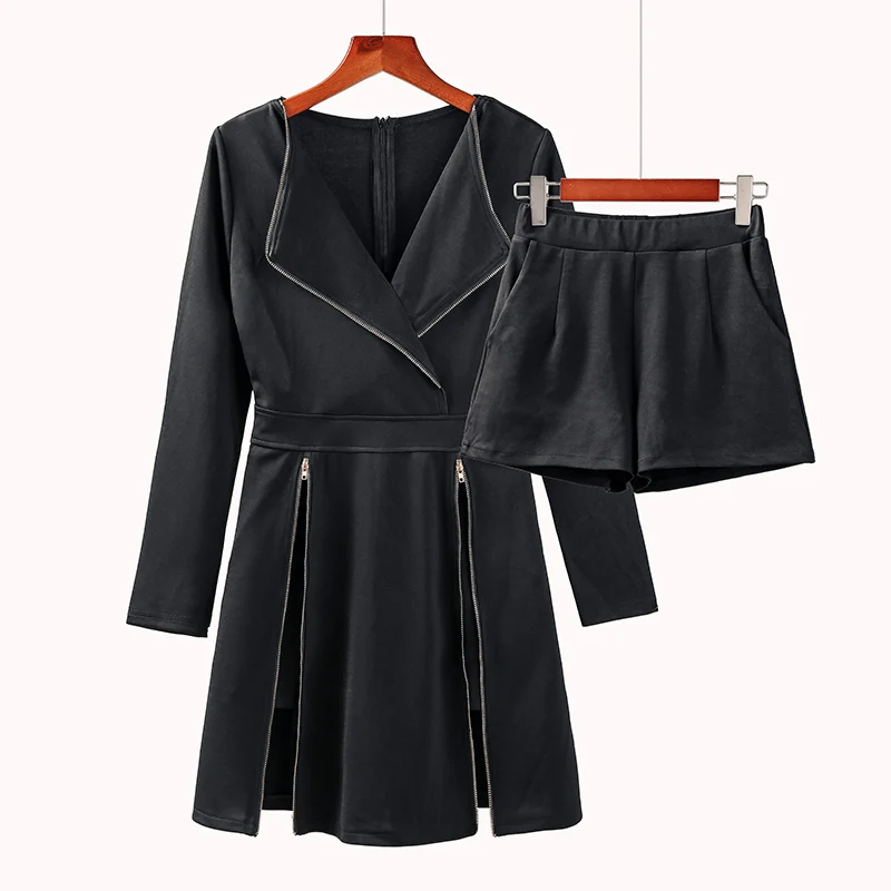 

PERHAPS U Women Suits Black V Neck Full Sleeve Long Sleeve Zipper Dress Short Pant High Street Two Pieces Set T0010