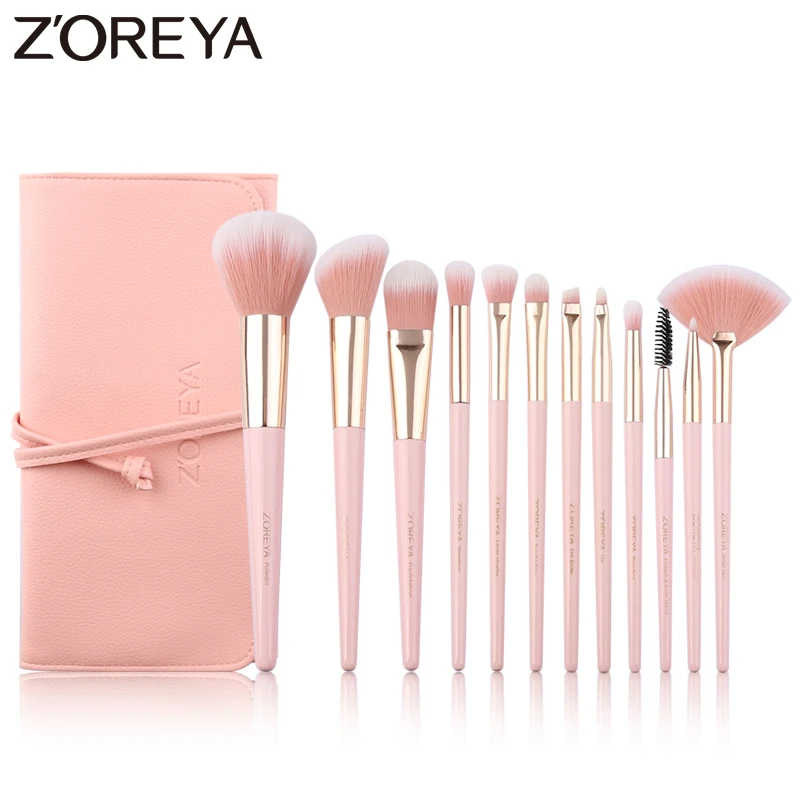 

Zoreya Brand 12pcs Pink Soft Synthetic Cruelty Free Makeup Brushes Powder Foundation Blending Lip Concealer Eye Shadow Brush Set