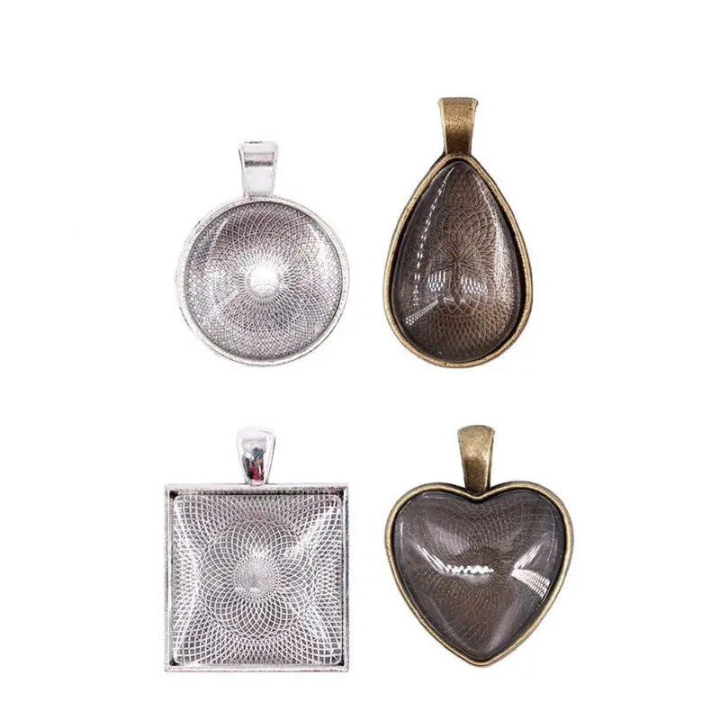 

48Pcs DIY Pendant Tray Round Square Heart Teardrop Glass Cabochon Jewelry Making