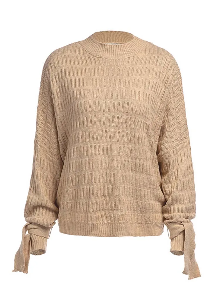 yinlinhe Khaki Loose Autumn Sweater Women Long Sleeve Lace Up Winter Jumpers Fashion O neck Plaid Knitted Pullovers women 1199 | Женская