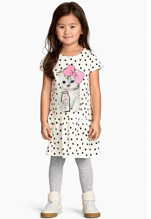 2018 Fashion New Summer Girls Dot Dress Short Sleeve Cartoon Cat Princess Lovely Beautiful School Kid Clothes | Детская одежда и