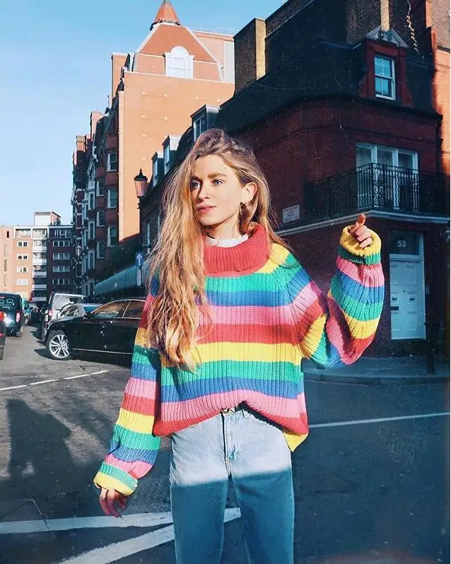 

Rainbow striped women knitted pullover turtleneck sweater