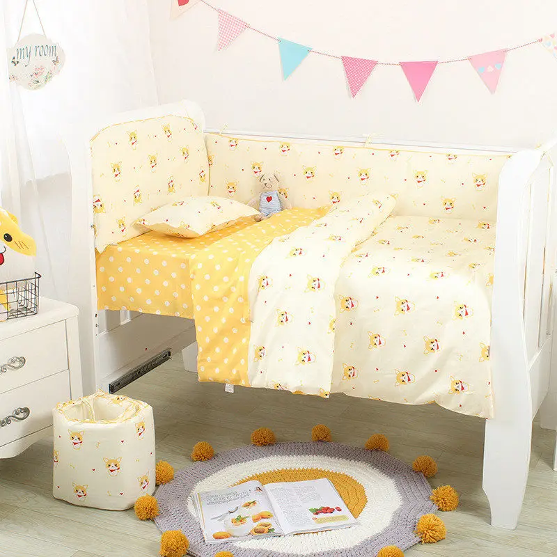 dog yellow half bump Детский бампер для новорожденных, защита для кроватки, подушка с рисунком оленя из мультфильма, бампер и простыня, 2 шт., новинка года, декор для детской комнаты - Цвет: dog yellow half bump