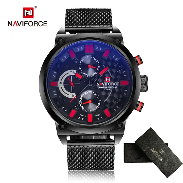 NAVIFORCE Топ Элитный бренд Для мужчин часы Аналоговые Кварцевые 24 часа дата часы человек 30 м Водонепроницаемый часы мужской спортивный Сталь наручные часы - Цвет: BLACK Red