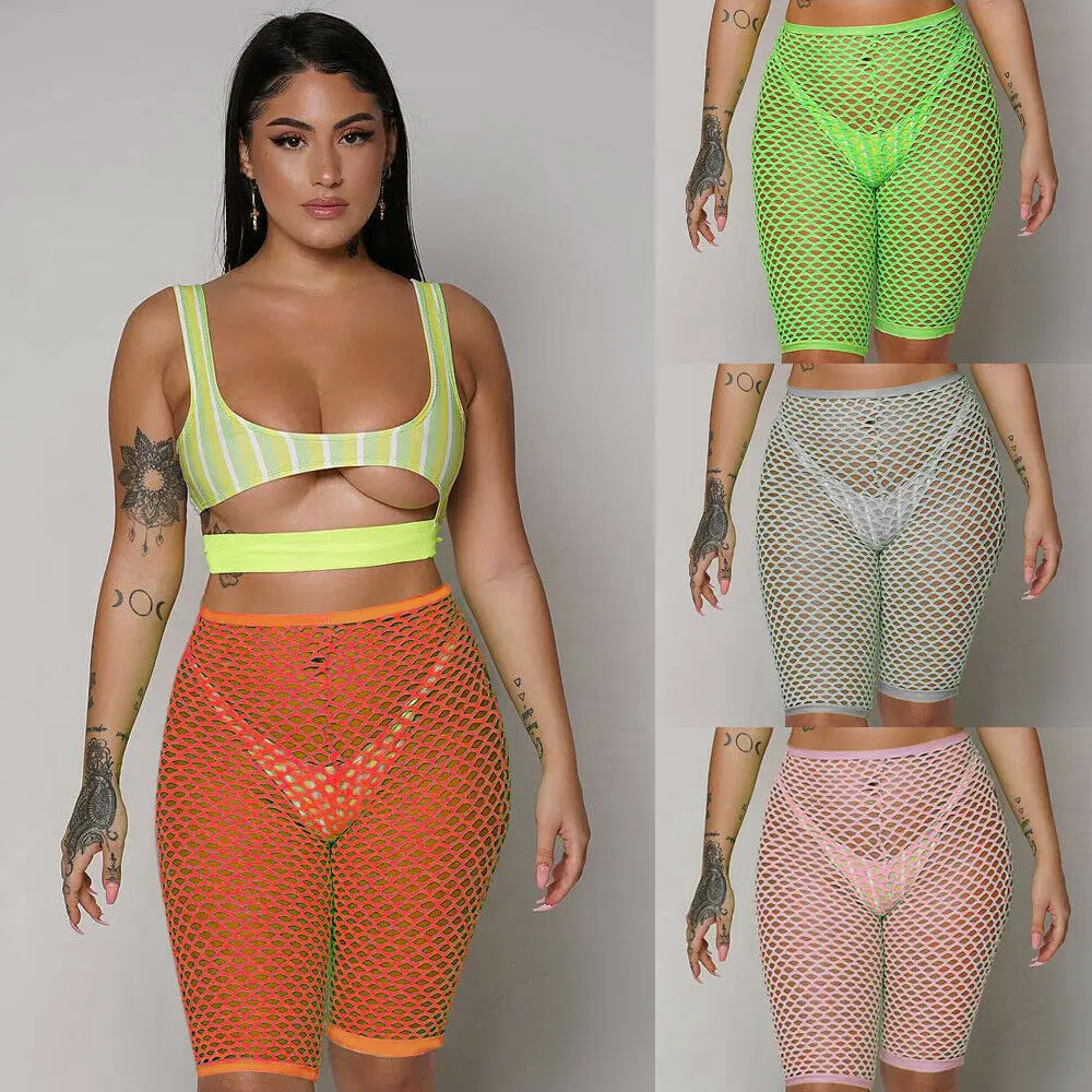 Женские сексуальные сетчатые брюки связанные крючком с высокой талией пляжные