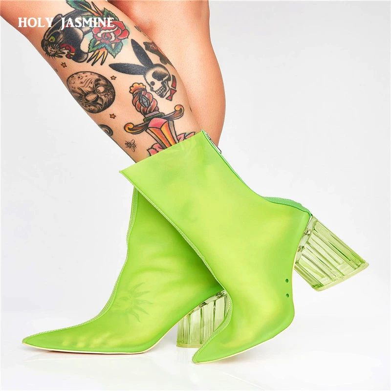 Женские прозрачные Ботинки на каблуке летняя обувь с острым носком и кристаллами